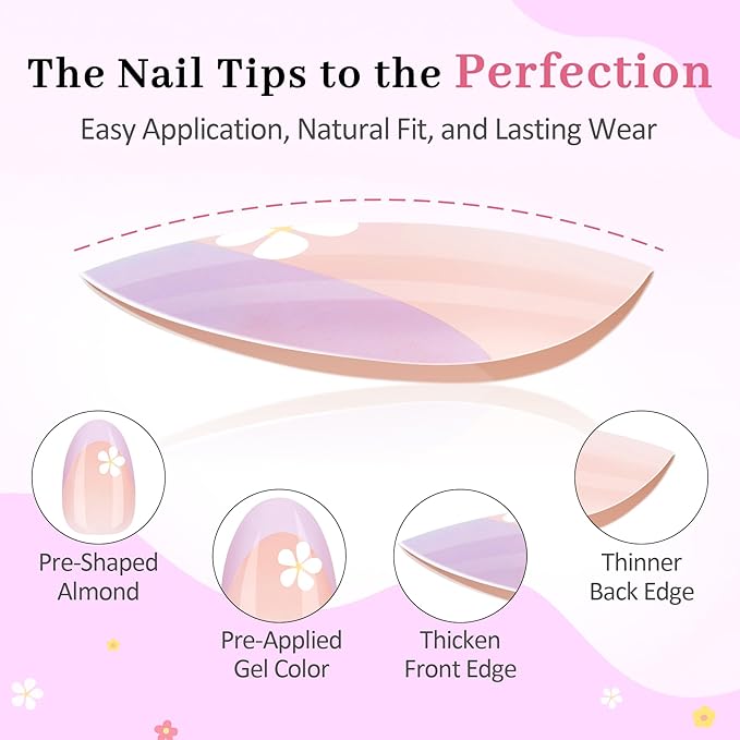 16 Sizes Press on Nails Kit for Kids - 32 Pieces French Almond Fake Nail Tips for Girls 8-12 Years Old with Jelly Nail Adhesives & No-Lamp Nail Glue, Birthday Christmas Gifts (Colorful Flower)