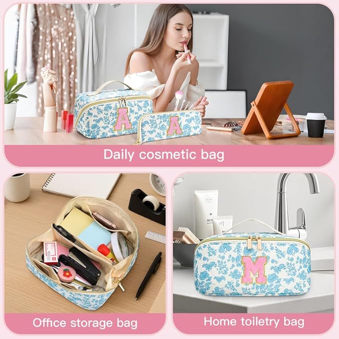 Personalized Travel Makeup Bag Set,Initial Travel Cute Floral Makeup Organizer Bag,Toiletry Skincare Cosmetic Bag, Valentine’s Day Gifts for Women/Girls,Open Flat Toiletry Pouch with Brush Pocket-S