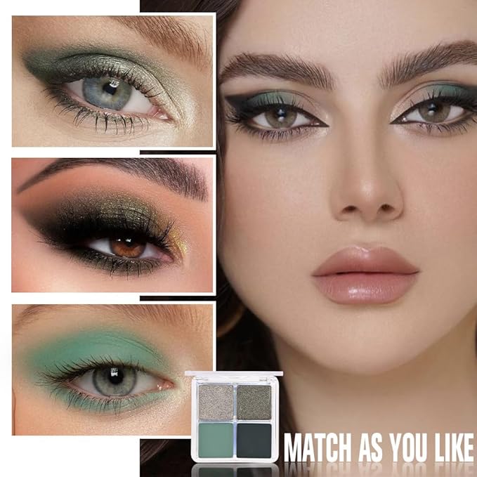 evpct Eyeshadow Quad Palette, Cyan Festival Forest Dark Green Glitter Shimmer Metallic Matte High Pigment Mini Eye Shadow Palette Makeup for older Women, Smudge Proof Vegan Cruelty-free, Green Series