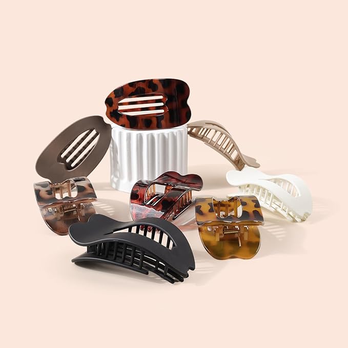 Flat Hair Clips for Women - Stylish French Lay Down Flat Claw Clips for Thick Thin Hair, Comfortable Curved Large Flat Clips, Leopard Print Non-Slip Strong Hold Hair Accessories, Tortoise Pack of 8
