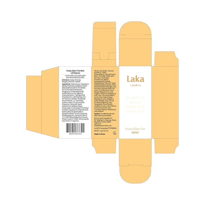 Laka Fruity Glam Lip Tint Mini, 1.9g/0.07oz, Glowing Lip Stain with Wide Color Spectrum, Hydrating & Lightweight Texture, Long-Lasting Bold Stain, Non-Sticky, Vegan, K-Beauty (#129 Maroni)