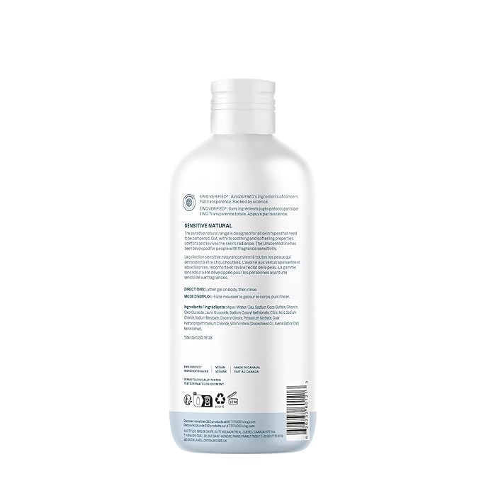 ATTITUDE Body Wash for Sensitive Skin with Oat, EWG Verified, Dermatologically Tested, Vegan, Extra Gentle, Unscented, 16 Fl Oz