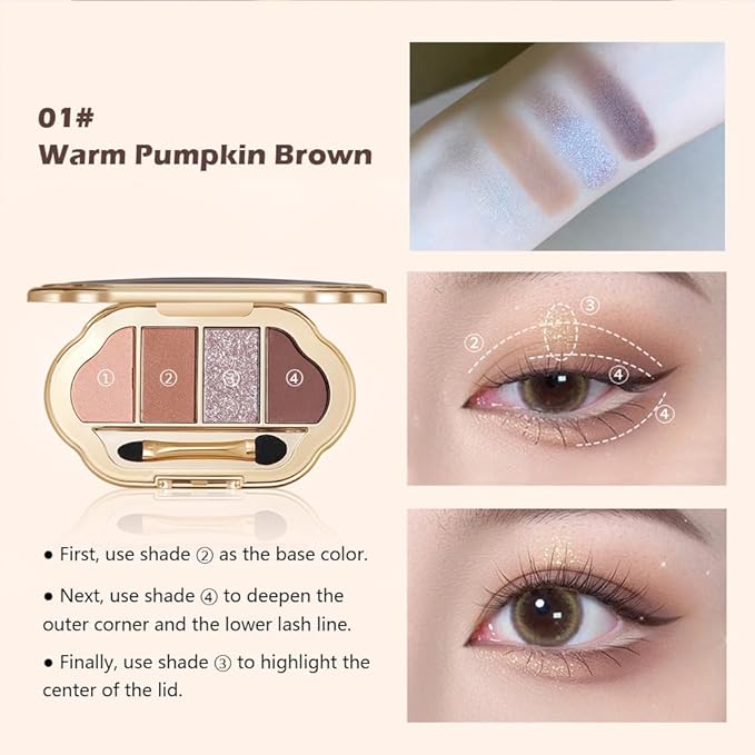 Nude Eyeshadow Palette 4 Colors, Warm Pumpkin Brown Matte & Shimmer Neutral Eye Shadow Quad, Highly Pigmented Long-Lasting Blendable Formula, No-Fallout Daily Makeup Palette for Work, 1#