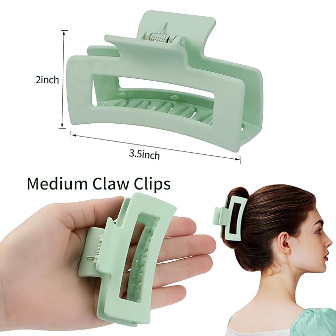 3.5 Inch Medium Hair Claw Clips 6 Pack Hair Clips for Women Square Rectangle Claw for Hair Banana Jaw Clips Hair Accessories for Girls (Green)