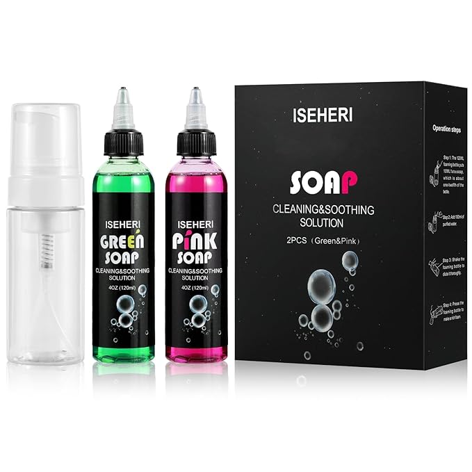 2PCS Ultra Concentrated Tattoo Soap 4OZ with Foaming Bottle 120ml, Tattoo Supplies for Tattoos Piercings, Clean Skin Equipment（Green&Pink）