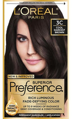 L'Oreal Paris Superior Preference Luminous Fade-Defying Permanent Hair Color, Hair Dye For Up to 9 Weeks of Radiance, Cool Darkest Brown 3C, 1 Hair Dye Kit