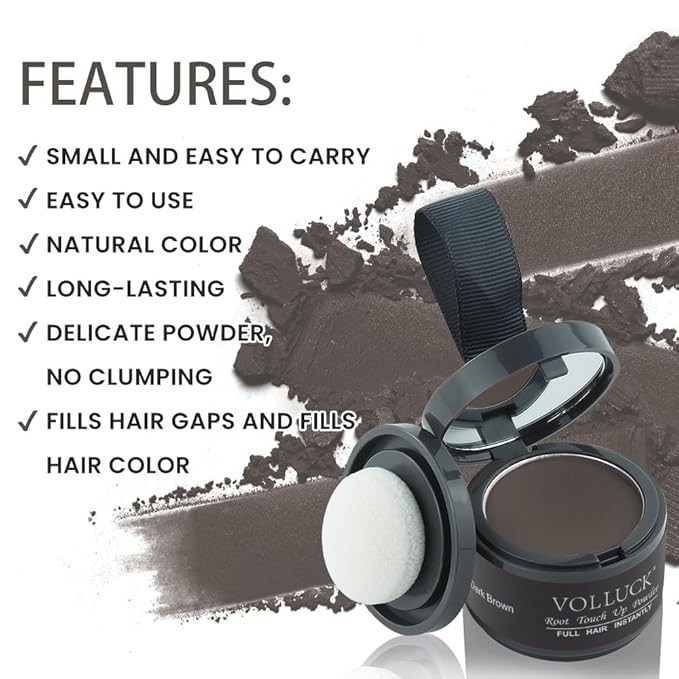 VOLLUCK Root Touch up Powder, Instant Hairline Powder for Thinning Areas and Gray Hair Coverage, Natural and Non-greasy Root Cover up for Women and Men (Dark Brown, 0.14 Ounce)