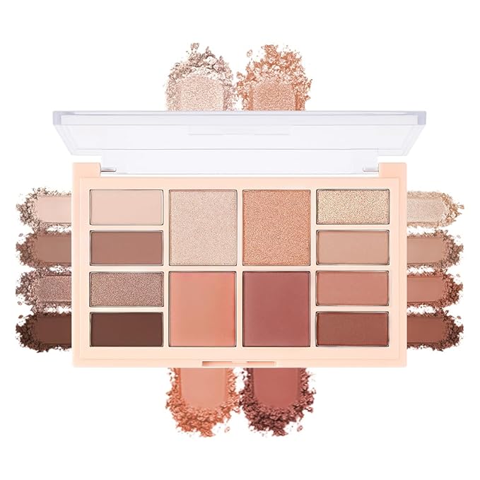 12-Color Nude Neutral Eyeshadow Palette – Matte Shimmer Glitter Warm Brown Caramel Eye Shadow Kit, High Pigment Long-Lasting Blendable Natural Soft Glam Makeup Palette for Daily Wear & Beginners