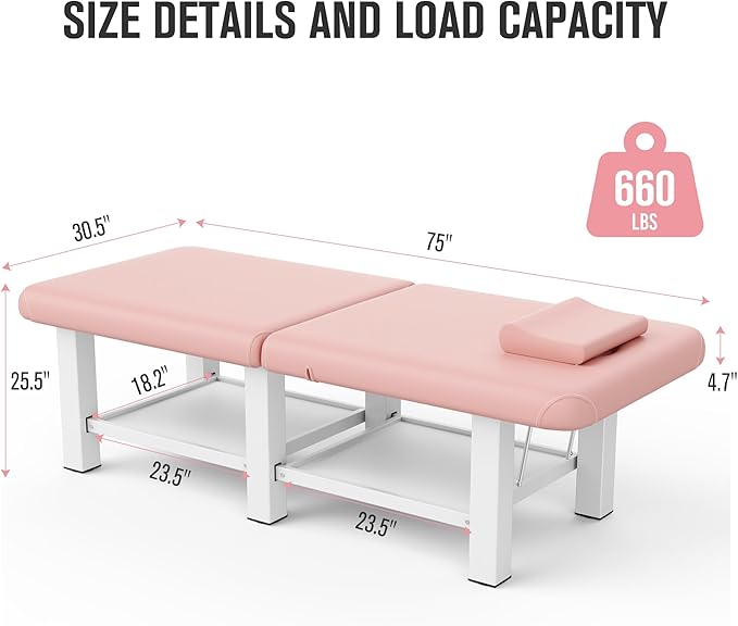 30.5'' Wide × 75'' Long Folding Stationary Massage Table with Backrest and Storage Space for Treatment Table Physical Therapy Table Spa Facial Bed, 6 Square legs, Metal Frame PU Leather - Pink