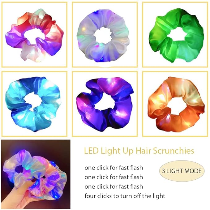 LED Scrunchies, 6 Pcs Light up Glow Hairbands Neon Accessories with 3 Light Modes for Girls Women Festival Accessories Christmas Halloween Party
