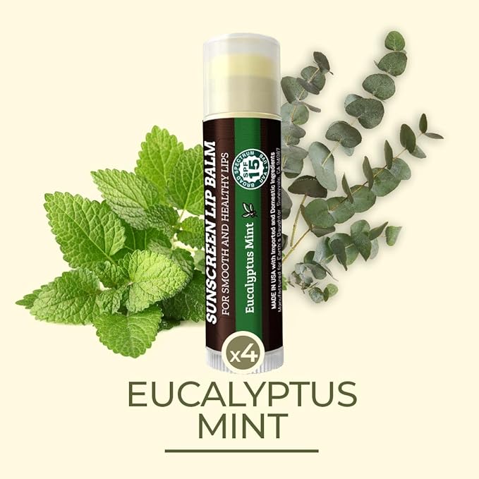 Earth's Daughter SPF Lip Balm Eucalyptus Mint Stocking Stuffers 4-Pack - Lip Sunscreen, SPF 15, Organic Ingredients, Beeswax, Coconut Oil, Vitamin E - Hypoallergenic, Gluten Free