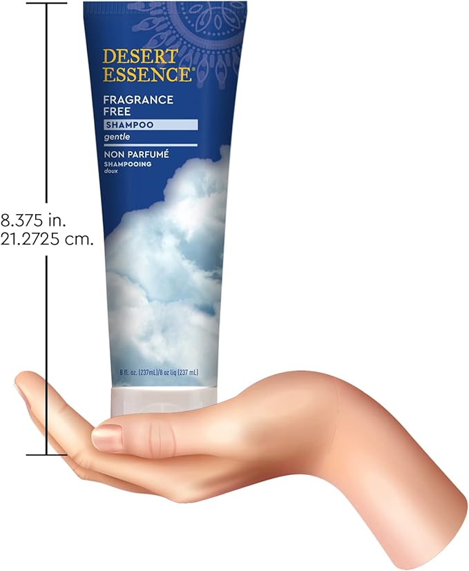 Desert Essence Fragrance Free Shampoo – 8 fl oz – Unscented Gentle Cleanser with Jojoba Oil, Green Tea & Comfrey – Softens & Strengthens Hair, Adds Shine – For Sensitive Scalps