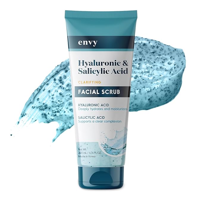 Envy Hyaluronic Acid & Salicylic Acid Face Scrub - Hydrating, Moisturizing & Anti-Aging Facial Exfoliating Scrub - Dermatologist Tested, Clean Beauty for All Skin Types - 6.76 Oz