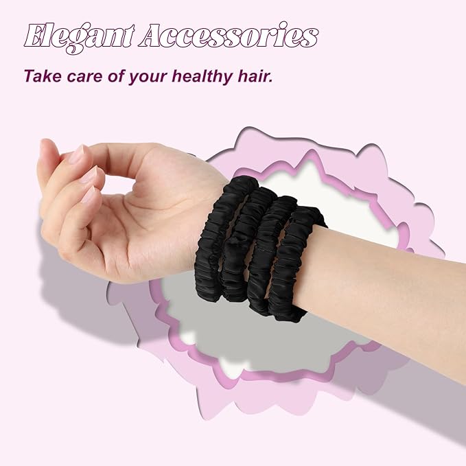 4Pcs Mulberry Silk Scrunchies & Hair Ties - No Crease Skinny Scrunchies Elastic Set for Women All Hair Types, Reduces Breakage (Black)