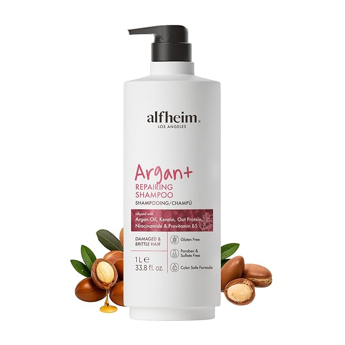 ALFHEIM Argan+ Repairing Shampoo for Dry, Damaged & Frizzy Hair with Moroccan Argan Oil, Keratin, Panthenol & Vitamin E – Deep Repair, Moisture & Shine – Color Safe, Sulfate Free – 33.8 oz