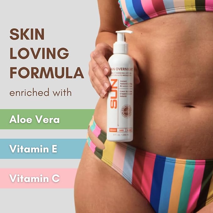 Tan Overnight Sunless Tanning Lotion 8 oz - Self Tanner, Self Tanning Lotion, Face Tanner - Natural, Long Lasting, Instant Dark Bronzer, Gradual Tan for Sun-Kissed Glow