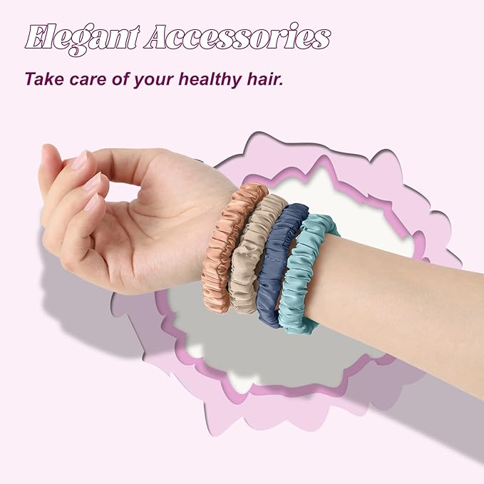 4Pcs Mulberry Silk Scrunchies & Hair Ties - No Crease Skinny Scrunchies Elastic Set for Women All Hair Types, Reduces Breakage (Coastal Tones)