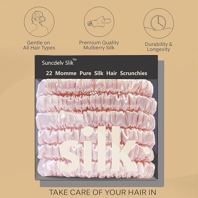 Suncdelv Silk,100% Silk Scrunchies for Hair,22 Momme Hair Ties for Anti-Crease & Breakage,Natural Women Hair Accessories，Fashion Hairbands 6PCS(Pink）