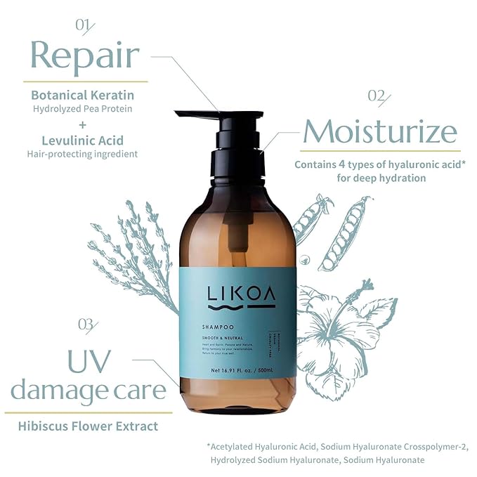 LIKOA, Smooth and Neutral Shampoo, Vegan, Halal, Lightweight Moisture for Fine, Dry, or Tangle-Prone Hair, Botanical Hair Care, White Floral Scent, Made in Japan, 500mL, 16.9 Fl oz