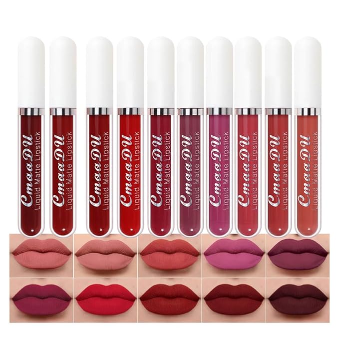 evpct 10Pcs Liquid Matte Matt Lipstick Set for Black Women, Dark Deep Bright Ruby Sexy Brick Mauve Plum Red Violet Purple Matte Lipstick Long Lasting Lipstick 24 hour Waterproof Lip Gloss