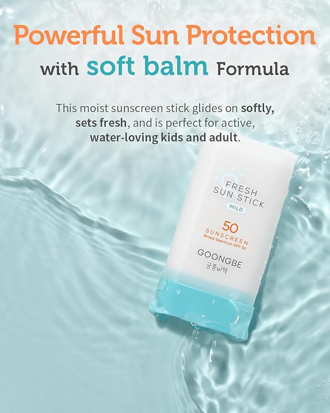 GOONGBE Fresh Sun Stick Mild SPF 50 - No White Cast Zinc Oxide Mineral Sunscreen Stick Balm - Non Greasy Soft Matte Finish - Travel Friendly for Babies, Kids & Adults - Vegan, Reef-Safe, 0.49oz.