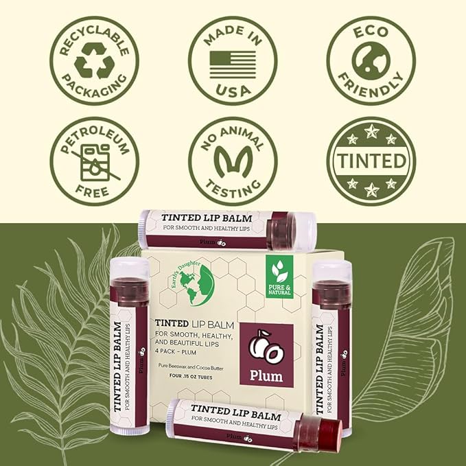 Earth's Daughter Tinted Lip Balm Stocking Stuffers 4 Pack of Plum Color - Beeswax, Coconut Oil, Cocoa Butter, Vitamin E -Moisturize and Beautify, Paraben Free