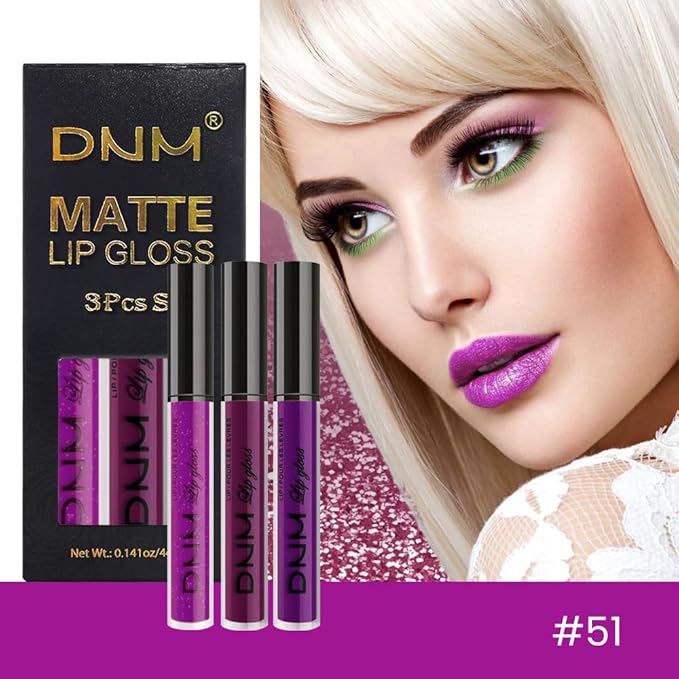 evpct 3Pcs Violet Purple Crystal Metallic Shimmer Glitter Matte Liquid Lipstick Lip Stain Sets for Women Matte+Lipstick Long Lasting Waterproof Permanent 24 Hours Magic Lipstick 24 Hours original