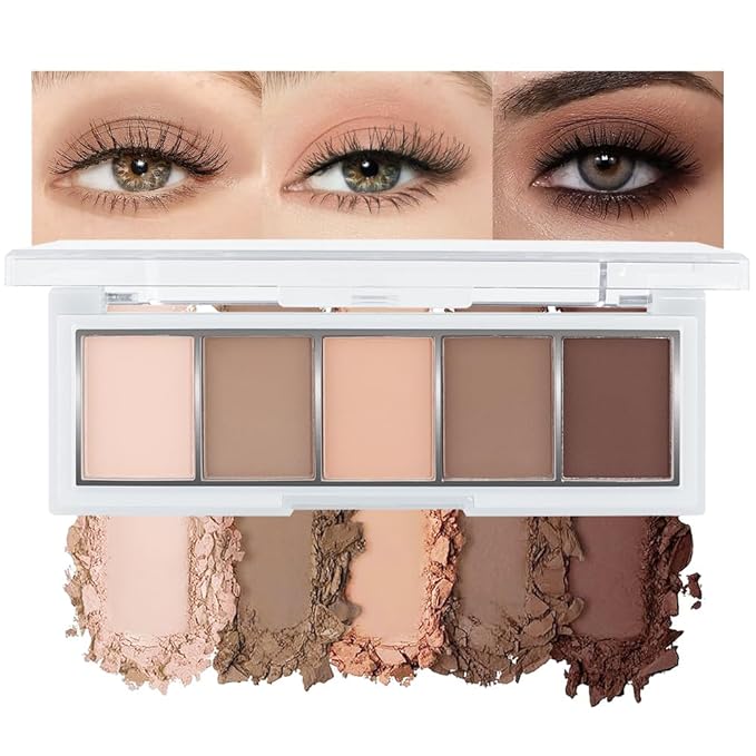 Mini 5-Color Matte Nude Neutral Brown Eyeshadow Palette – Soft Ivory, Peach Nude & Mocha Browns, High Pigment Blendable Long-Lasting All Matte Eye Shadow Kit for Daily Natural Makeup & Mature Eyes