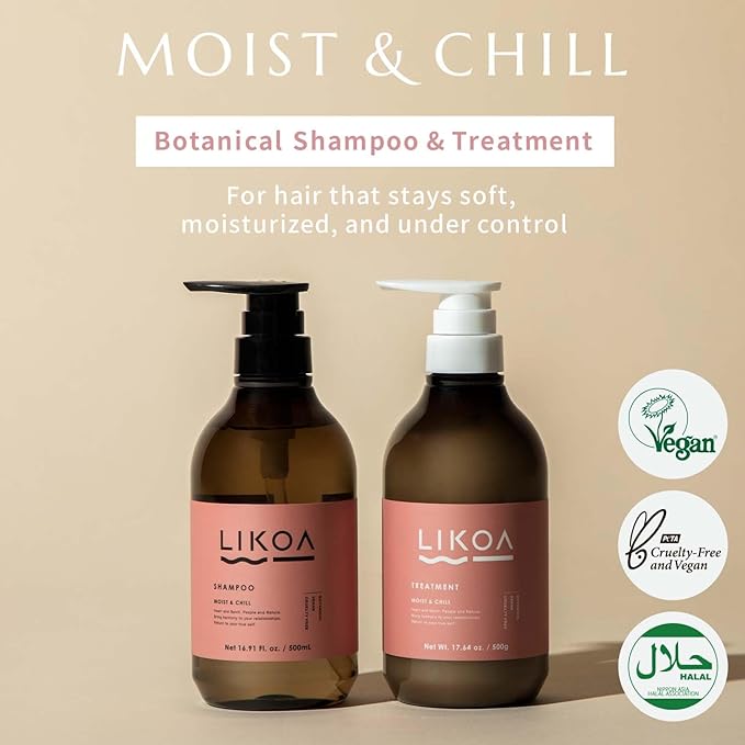 LIKOA, Moist and Chill Hydrating Shampoo and Treatment Set, for Damaged and Frizzy Hair, Botanical Hair Care, Oriental Floral Scent, Made in Japan, 16.9/17.64 Fl oz