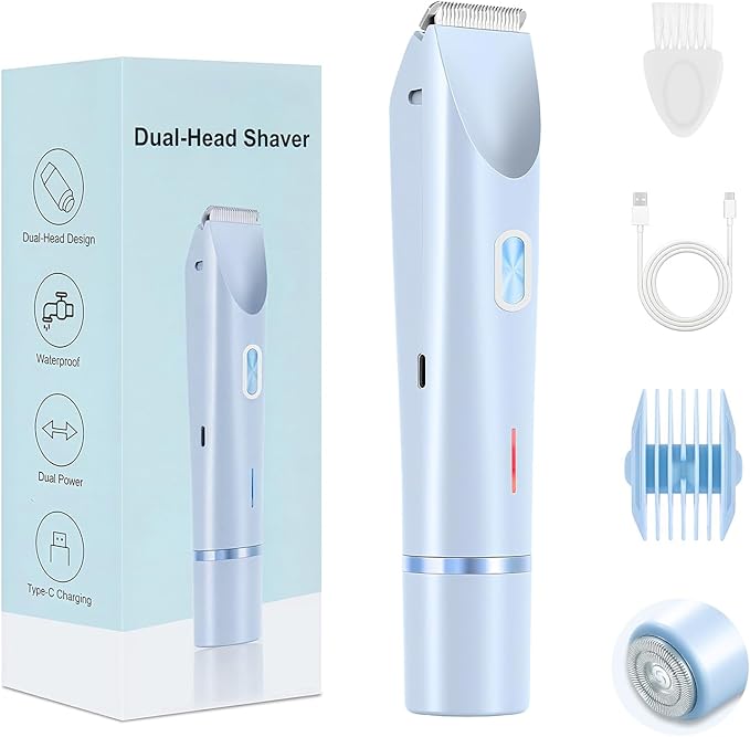 2025 New Bikini Trimmer for Women, 2 in 1 Dual Head Body Bikini Shaver, Ultra Low Silent, Painless & Cordless Hair Removal for Body , IPX7 Waterproof & Easy Cleaning for Shower & Travel (Blue)