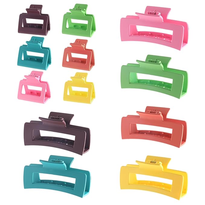 12Pack Colorful Trendy Square Hair Clips, Big and Small Neutral Rectangle Claw Clips, Non-slip Matte Large Hair Clips for Women, Hair Clasps Accessories Red Green Yellow