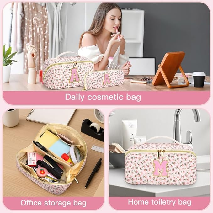 Personalized Travel Makeup Bag Set,Initial Travel Cute Floral Makeup Organizer Bag,Toiletry Skincare Cosmetic Bag,Valentine’s Day Gifts for Women/Girls,Open Flat Toiletry Pouch with Brush Pocket-S