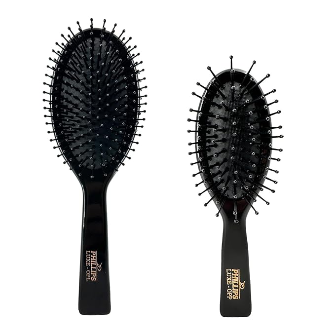 Phillips Brush Luxe Series Oval Paddle Hairbrush Combo Pack – Full Sized 9.25 inch Detangler + 7 inch Purse Size Travel Detangler, Sleek Black Color with Gold Accents