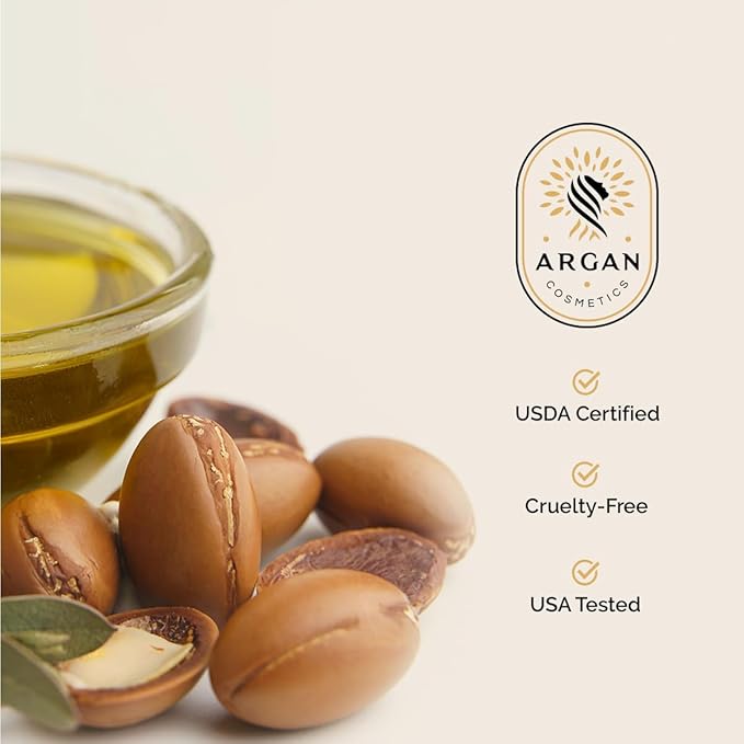 Argan Cosmetics 100% Pure Organic Moroccan Argan Oil for Hair, Skin, Nails, Cuticles, Face & Beards - Cold Pressed, Unscented - Filtered Through Cotton & Charcoal - All Natural Moisturizer - 2 Fl Oz