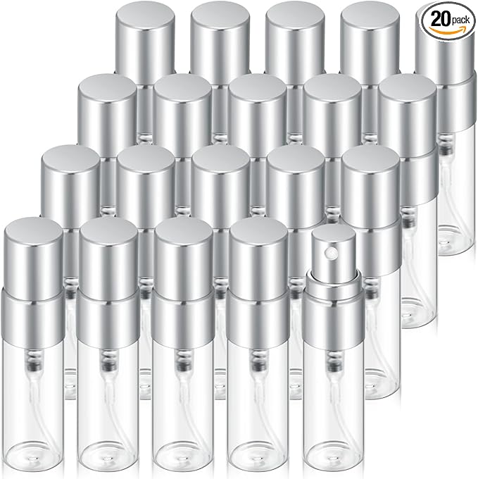 20Pcs 3ml Empty Clear Glass Mist Spray Bottle Refillable Mini Perfume Atomizer Travel Sample Bottle with Silver Aluminized Nozzle Makeup Container for Perfume (3ml Silver Caps)