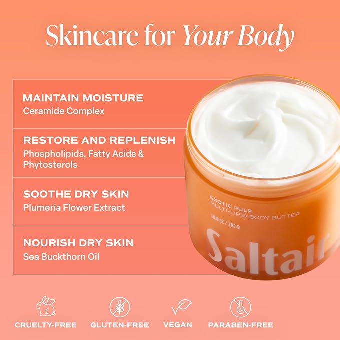 Saltair Multi-Lipid Body Butter - Rich, Nourishing Hydrating Body Cream with Ceramide Complex, Coconut Oil, Shea Butter, and Sea Buckthorn. Moisturizing Dry Skin Care. 10oz Jar - Exotic Pulp