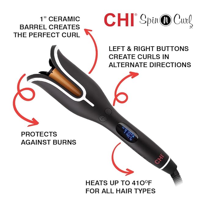CHI Spin N Curl, Curling Iron For Healthy & Shiny Effortless Curls & Waves, Provides Preset Temperature Settings For Each Hair Texture, Onyx Black