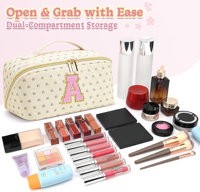 Personalized Travel Makeup Bag Set, Initial Travel Cute Floral Makeup Organizer Bag, Beige Toiletry Skincare Cosmetic Bag, Valentine’s Day Gifts for Women/Girls, Open Flat Toiletry Pouch Brush Bag