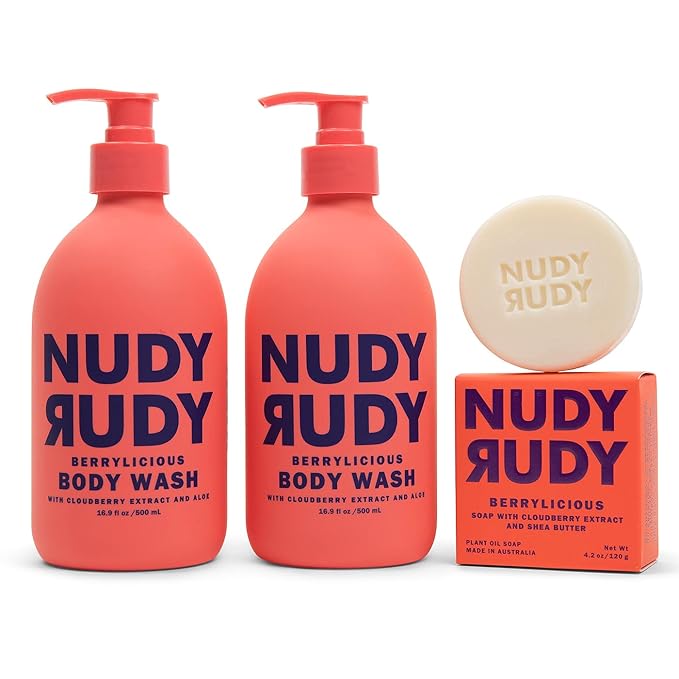 Nudy Rudy Berrylicious 2 Pack, Liquid Body Wash Bundle with Bonus Soap Bar, Aloe Vera and Vitamin E, Moisturizing Shower Gel, Body Wash and Bar Soap for Men and Women 16.9 fl oz and 4.2 oz