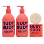 Nudy Rudy Berrylicious 2 Pack, Liquid Body Wash Bundle with Bonus Soap Bar, Aloe Vera and Vitamin E, Moisturizing Shower Gel, Body Wash and Bar Soap for Men and Women 16.9 fl oz and 4.2 oz