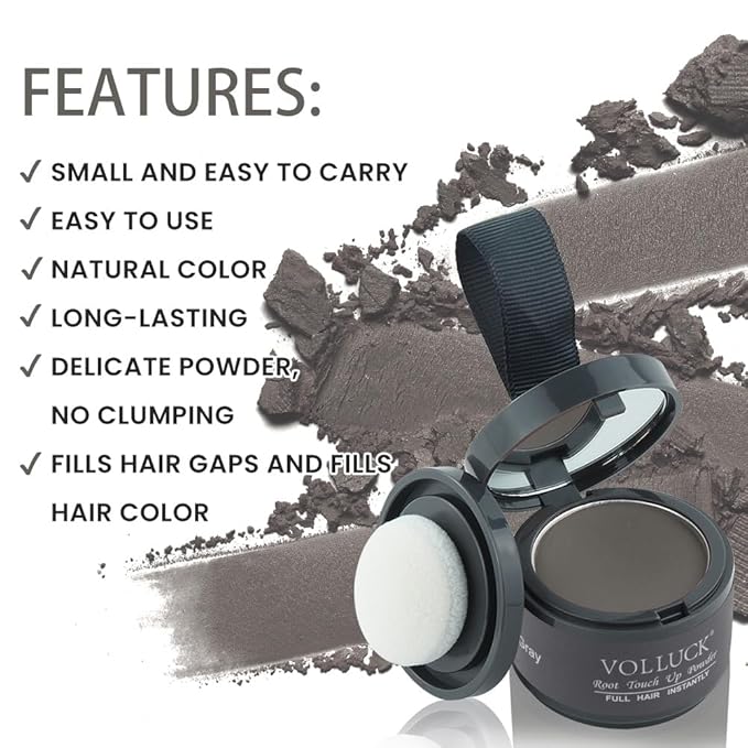 VOLLUCK Root Touch up Powder, Instant Hairline Powder for Thinning Areas and Gray Hair Coverage, Natural and Non-greasy Root Cover up for Women and Men (Gray, 0.14 Ounce)