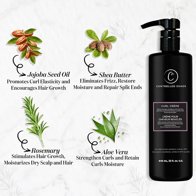 Controlled Chaos Curl Cream for Curly Hair Defining Cream with Shea Butter for Long Lasting Frizz Free Curls – Sulfate & Paraben Free Aloe Vera Curling Cream for Wavy Hair, Made in USA(32Oz)
