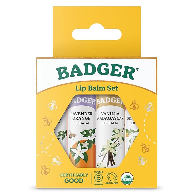 Badger Classic Organic Lip Balm Set - Yellow Box, Light Silky Long Lasting Lip Moisturizer Gift Set, All Natural Lip Balm Variety Pack Lip Set (Tangerine, Lavender Orange, Vanilla, Grapefruit), 4 pack