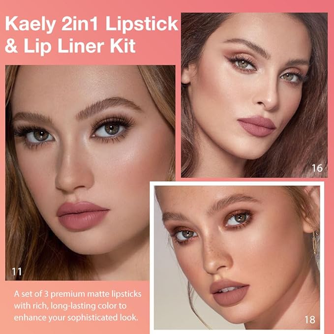 evpct 3Pcs Dusty Antique Rose Nude Brown Gradient Matte Lipstick Lip Liner Crayon Combo Pencil Set for Women Long Lasting, Cream Lip Liner and Lipstick Combo Makeup，Flawless Gradual Ombre Effect