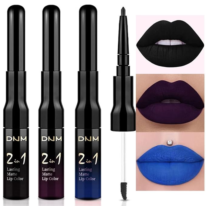 evpct 3Pcs Dark Black Purple Royal Blue Matte Lip Liner and Liquid Lipstick Lip Stain Makeup Set Smudge Proof, 24 Hours Original Long Lasting Matte Lipstick Waterproof labial mate larga duracion 24