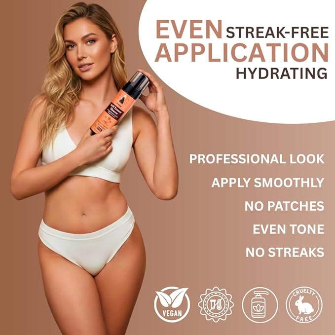 Self Tanner Mousse Natural Medium to Dark Tan for Cooler Skin Tones Vegan Organic Self Tanning Lotion DHA-Free Tanning Foam for Face & Body Streak-Free Fake Tan with Coconut Scent (200ml / 7 fl. oz)