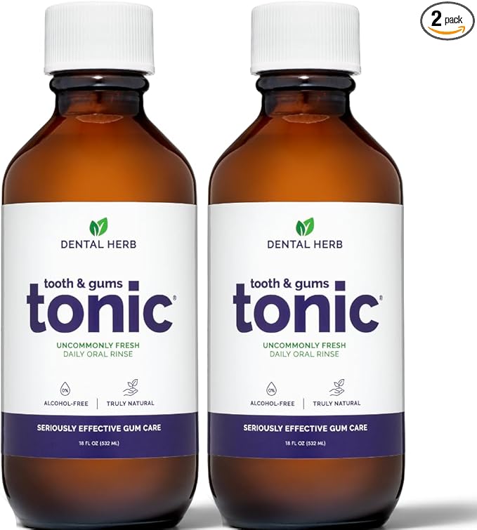Tooth & Gums Tonic Herbal Oral Rinse with Essential Oils | Alcohol-Free, Fluoride-Free Mouthwash | Plant-Based Oral Care | Soothe Gums & Freshen Breath Naturally | by Dental Herb Company | (2) 18 oz.