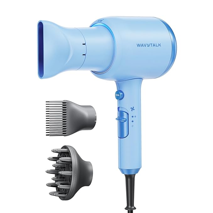 Wavytalk Hair Dryer, Blown Away Ionic Hair Dryer for Curly Hair with Diffuser, 1875W Fast Drying Blow Dryer with Ceramic Technology, 3 Attachments for All Hair Types, Light and Quiet, Light Blue