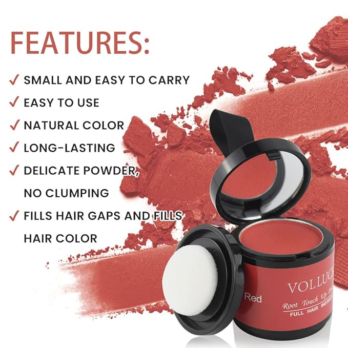 VOLLUCK Root Touch up Powder, Instant Hairline Powder for Thinning Areas and Gray Hair Coverage, Natural and Non-greasy Root Cover up for Women and Men (Red, 0.35 Ounce)