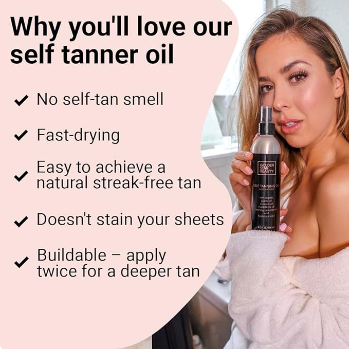 Self Tanner Oil - Natural Sunless Tanning Spray w/Hyaluronic Acid and Organic Oils, Clear Gradual Fake Tan Sprayer for Perfect Golden Glow 8.0 fl.oz